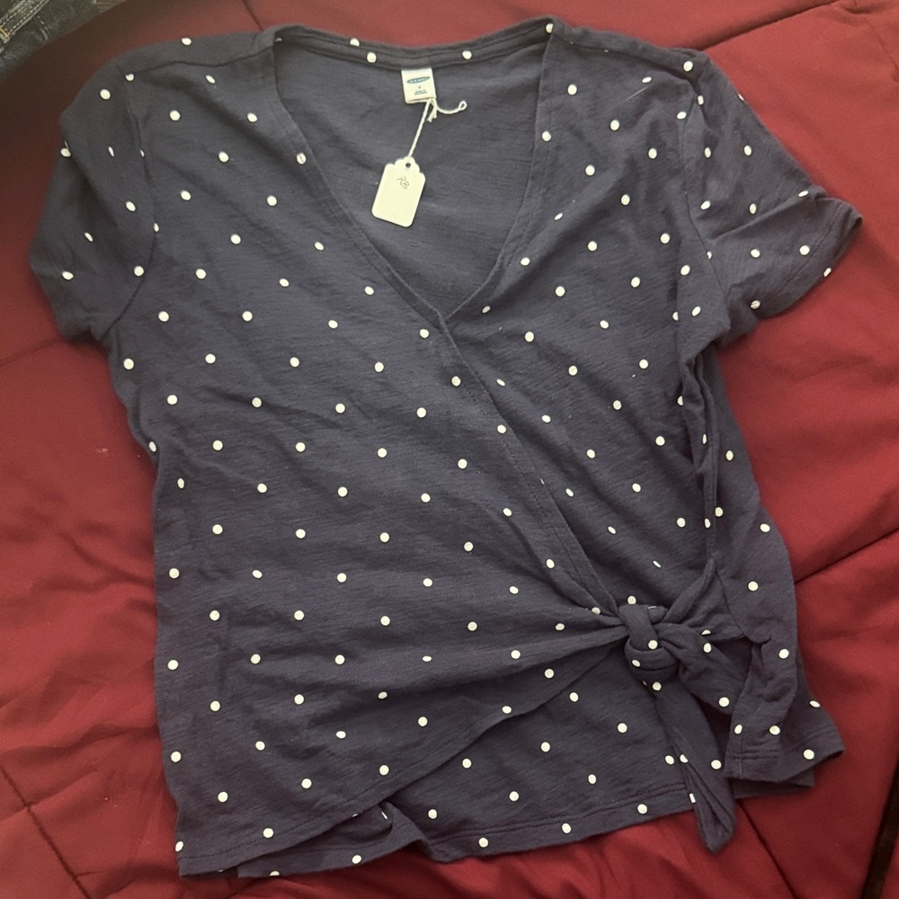 Old Navy Navy Blue Polka Dot Knot Blouse